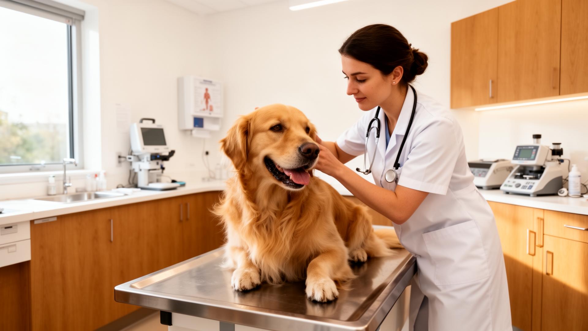 Compassionate veterinarian examining a golden retriever